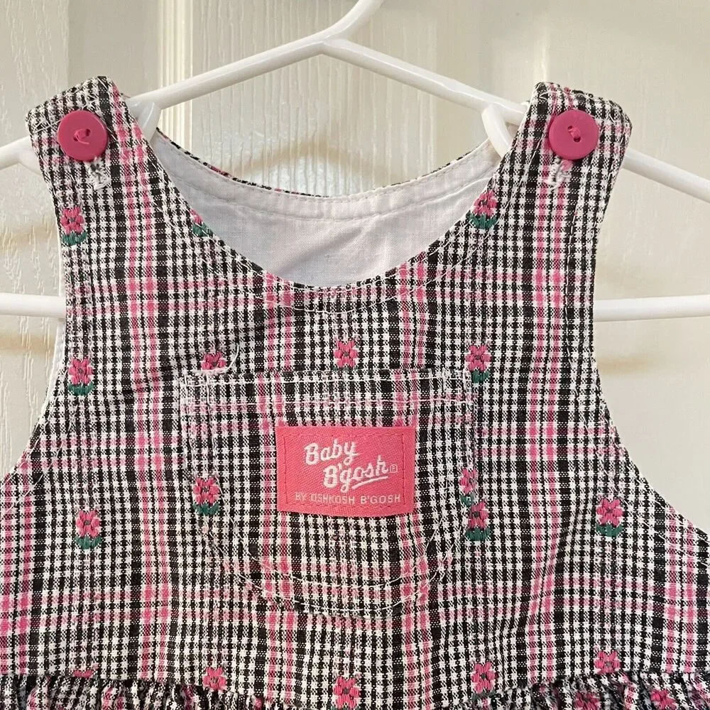Vintage Oshkosh Baby B'gosh Floral Pink Black Plaid Dress USA Girls SZ 18 Months